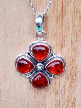 Vintage 925 Sterling Silver Amber Flower Pendant Necklace 18" Floral Statement